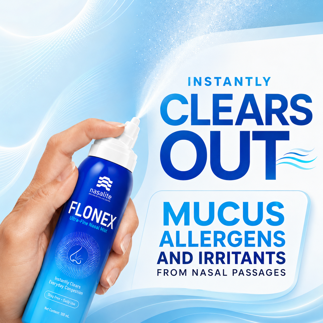 Flonex Nasal Mist — Helps Clear Congestion, Moisturizes Dry Nose & Flushes Allergens | Drug-Free Isotonic Saline Spray for Colds, Allergies, Rhinitis, Sinus & Stuffy Nose | 100 ml · 300+ Sprays | Nasalite