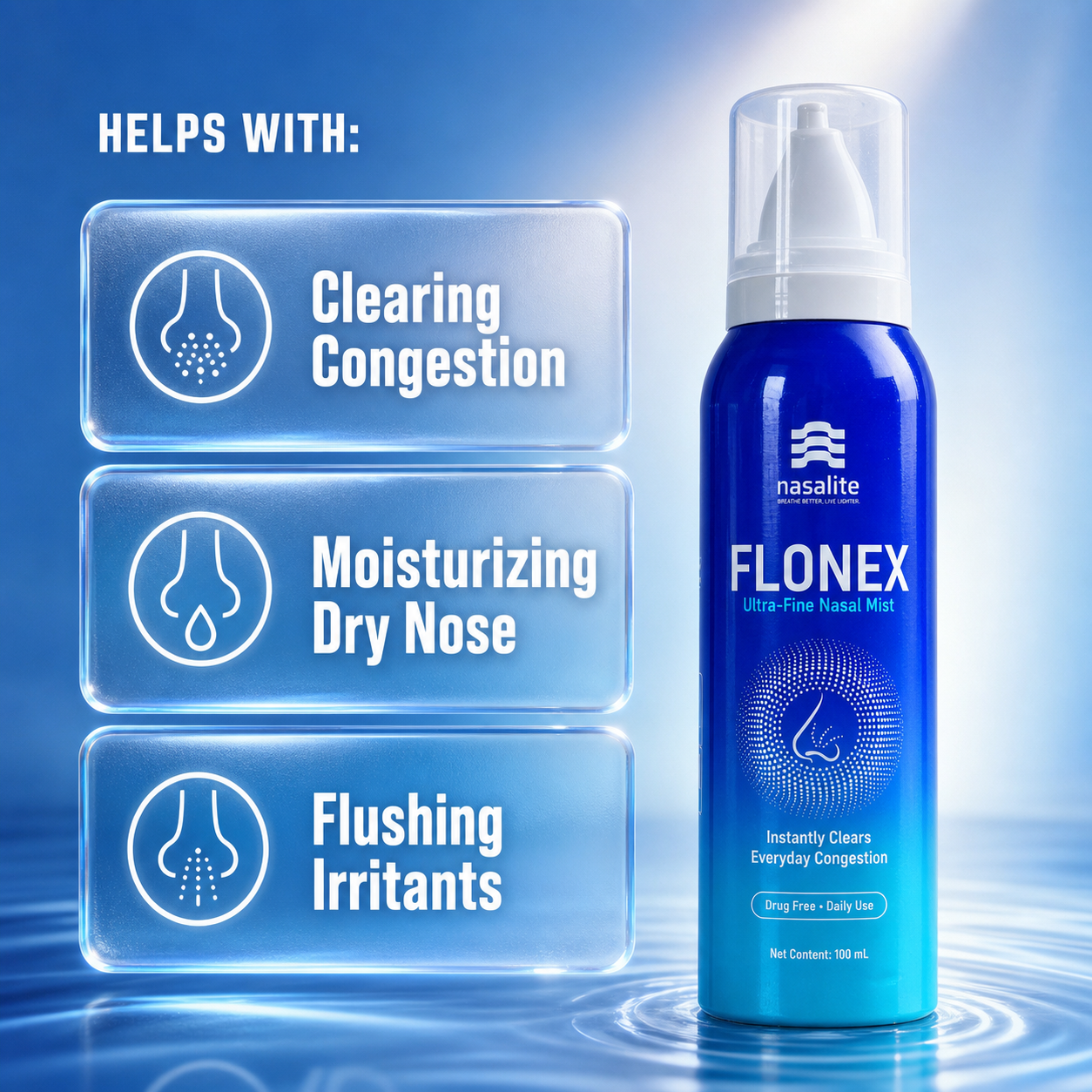 Flonex Nasal Mist — Helps Clear Congestion, Moisturizes Dry Nose & Flushes Allergens | Drug-Free Isotonic Saline Spray for Colds, Allergies, Rhinitis, Sinus & Stuffy Nose | 100 ml · 300+ Sprays | Nasalite