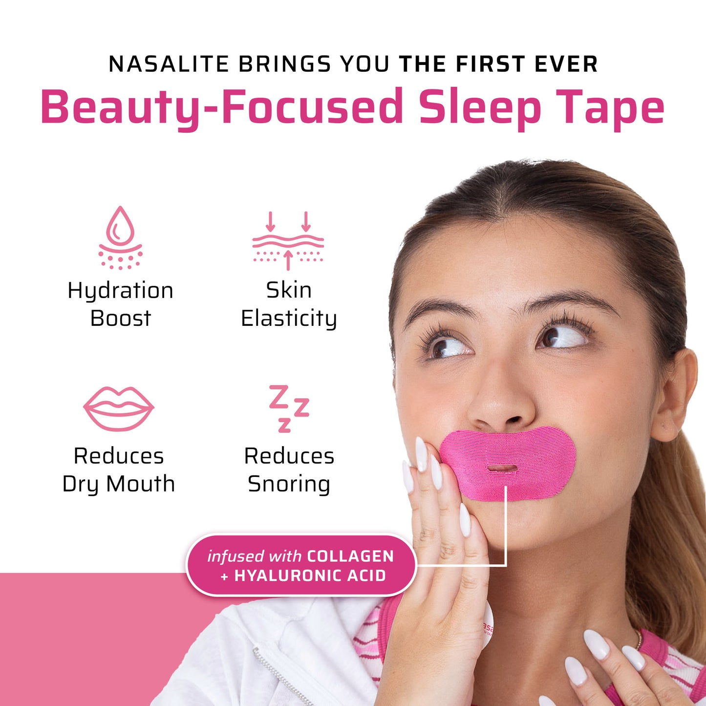 Nasalite Pink Collagen Mouth Tape - Smoother and Softer Lips, No Dry Mouth, and Better Sleep