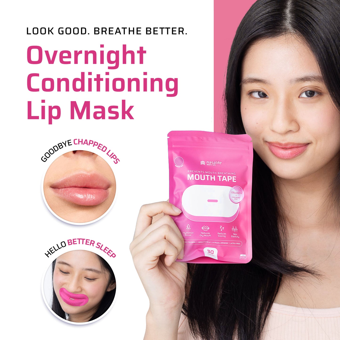 Nasalite Pink Collagen Mouth Tape - Smoother and Softer Lips, No Dry Mouth, and Better Sleep