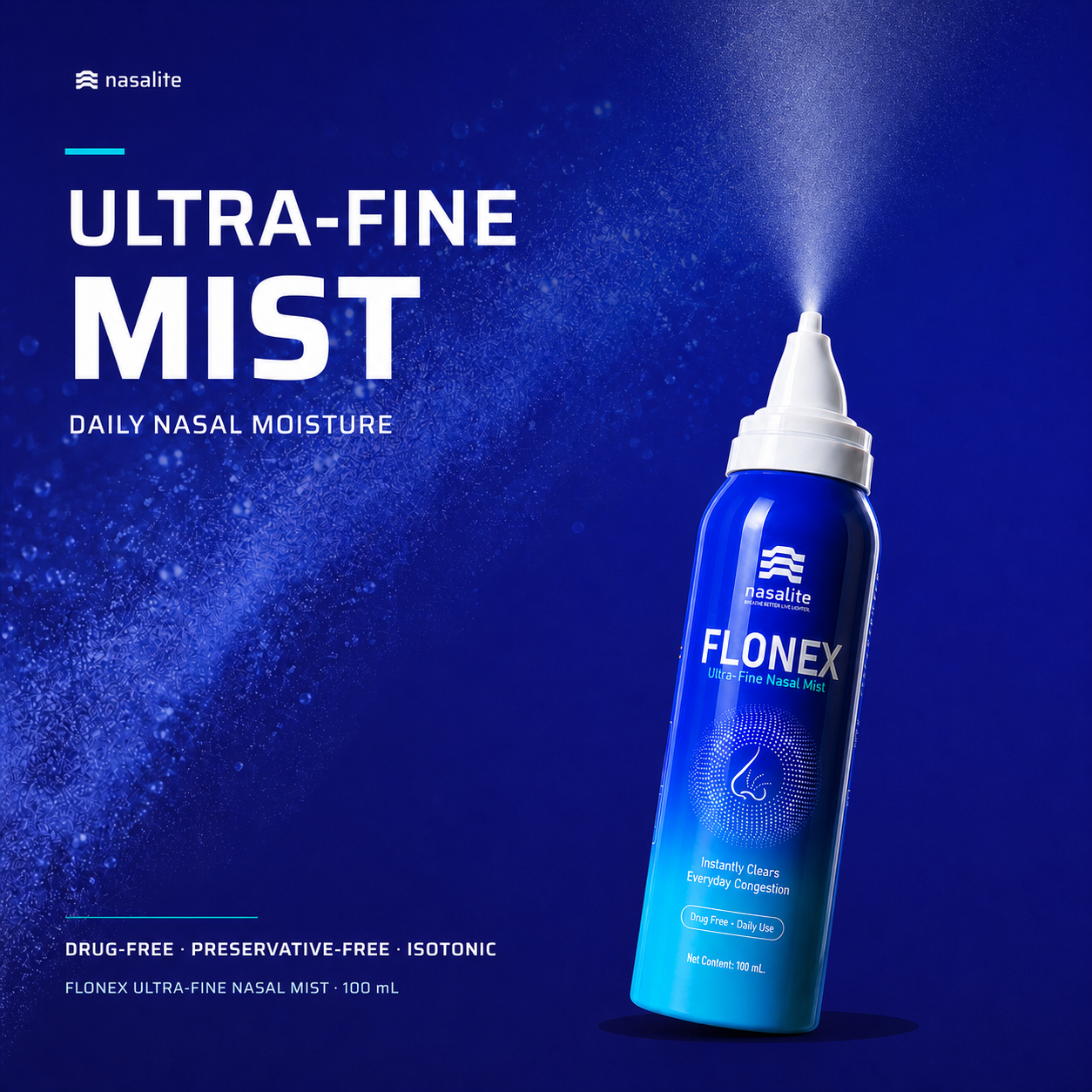 Flonex Nasal Mist — Helps Clear Congestion, Moisturizes Dry Nose & Flushes Allergens | Drug-Free Isotonic Saline Spray for Colds, Allergies, Rhinitis, Sinus & Stuffy Nose | 100 ml · 300+ Sprays | Nasalite